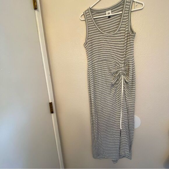 CAbi 5974 Easy Tank Midi Shirt Dress Sleeveless Stretch Ruched Gray White S - Picture 2 of 10